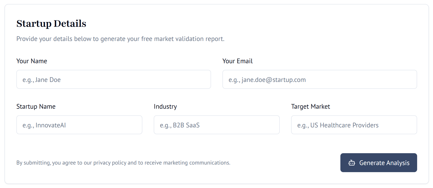 Screenshot of the Series A Market Validation Tool interface